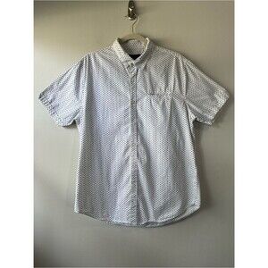Structure Mens White Modern Fir Short-Sleeve Button-Up Shirt Navy Pattern Sz L